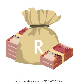 South Africa Rand Vector Illustration. African money set bundle banknotes. Money bag 50 Db. Flat style. Isolated on white background. Simple minimal design.