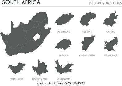 South Africa region silhouettes set and blank map of the country isolated on white background. Vector illustration design