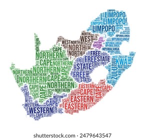 South Africa region word cloud. Country shape design. South Africa colored illustration. Region names collage cloud. Vector illustration.