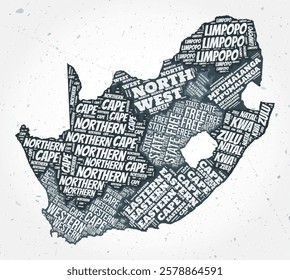 South Africa regions word clouds. Country shape on textured background. South Africa design in typographic style. Elegant vector illustration.