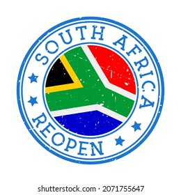 South Africa Reopening Stamp. Round badge of country with flag of South Africa. Reopening after lockdown sign. Vector illustration.