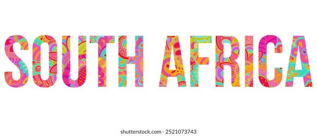 South Africa  republic creative text design filled with colorful doodle pattern	