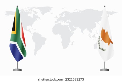 South Africa and Republic of Cyprus flags for official meeting against background of world map.