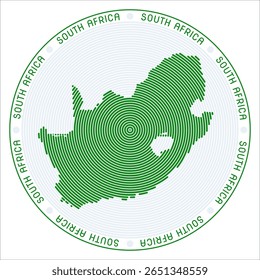 South Africa round logo design. Country shape build of rings. South Africa text around the country. Vector Illustration.