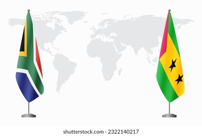 South Africa and Sao Tome and Principe flags for official meeting against background of world map.