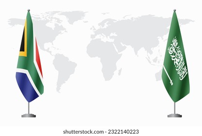 South Africa and Saudi Arabia flags for official meeting against background of world map.