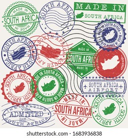 South Africa Set of Stamps. Travel Passport Stamps. Made In Product. Design Seals in Old Style Insignia. Icon Clip Art Vector Collection.