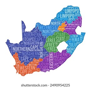 South Africa shape. Country word cloud with region division. South Africa colored illustration. Region names cloud. Vector illustration.