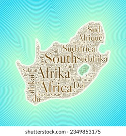 South Africa shape formed by country name in multiple languages. South Africa border on stylish striped gradient background. Vibrant poster. Astonishing vector illustration.