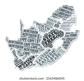 South Africa shape text cloud. Country border with shadow on white background. South Africa with regions division in vintage gazette style. Amazing vector illustration.