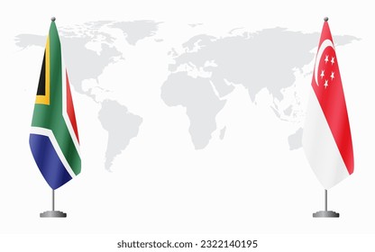South Africa and Singapore flags for official meeting against background of world map.