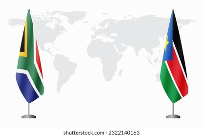 South Africa and South Sudan flags for official meeting against background of world map.