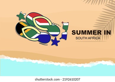 South Africa summer holiday vector banner, beach vacation concept, flip flops sunglasses starfish on sand, copy space area, South Africa summer travel and tourism idea with flag