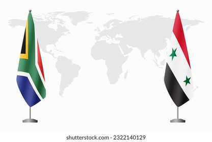 South Africa and Syria flags for official meeting against background of world map.