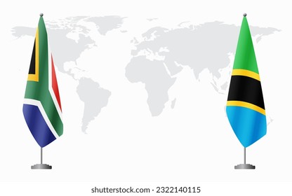 South Africa and Tanzania flags for official meeting against background of world map.