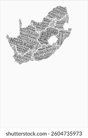 South Africa Text Style Regions. Country region names word clouds in Afrikaans language. Stylish vector illustration.