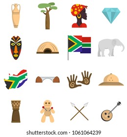 South Africa travel icons set. Flat illustration of 16 South Africa travel vector icons isolated on white background