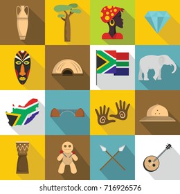 South Africa travel icons set. Flat illustration of 16 South Africa travel vector icons for web