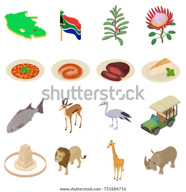 South Africa travel icons\
set. Isometric illustration of 16 South Africa travel vector icons\
for web