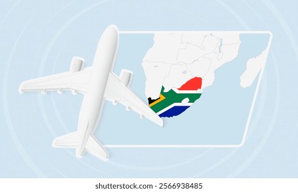 South Africa Travel Illustration with Plane and National Flag. Ideal for travel agencies, promotional materials, or geographic content related to South Africa.