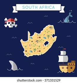 South Africa Treasure Map In Flat Design. Colorful Cartoon Treasure Map Of South Africa With Flat Design Icons Of Pirate Ship And Jolly Roger. South Africa Flat Design Vector Illustration.