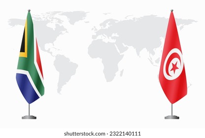 South Africa and Tunisia flags for official meeting against background of world map.