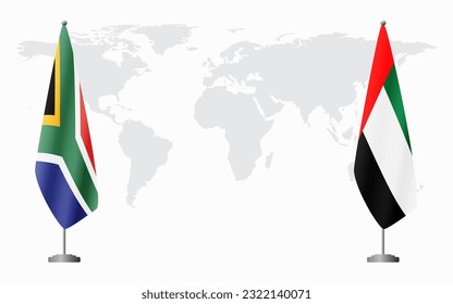 South Africa and United Arab Emirates flags for official meeting against background of world map.