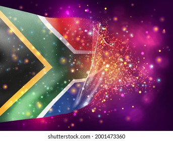 South Africa,  vector 3d flag on pink purple background with lighting and flares