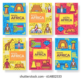 South Africa Vector Brochure Cards Thin Line Set. Country Template Of Flyear, Magazines, Posters, Book Cover, Banners. Layout Culture Outline Illustrations Modern Pages