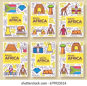 South Africa vector brochure cards thin line set. Country template of flyear, magazines, posters, book cover, banners. Layout culture outline illustrations modern pages