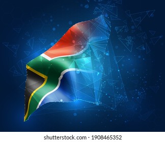 Sudáfrica, bandera vectorial, objeto 3D virtual abstracto de polígonos triangulares sobre fondo azul