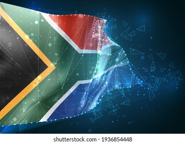 Sudáfrica, bandera vectorial, objeto 3D virtual abstracto de polígonos triangulares sobre fondo azul