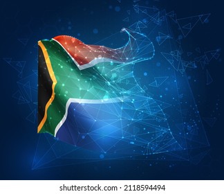 Sudáfrica, bandera vectorial, objeto 3D virtual abstracto de polígonos triangulares sobre fondo azul