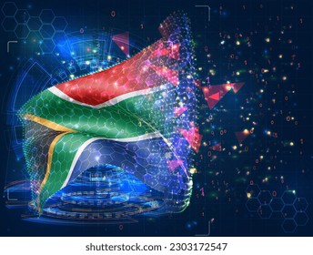 Sudáfrica, bandera vectorial, objeto 3D virtual abstracto de polígonos triangulares sobre fondo azul