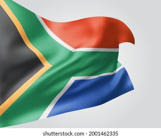 Sudáfrica, bandera vectorial con olas y curvas ondeando en el viento sobre un fondo blanco.