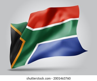 Sudáfrica, bandera vectorial con olas y curvas ondeando en el viento sobre un fondo blanco.
