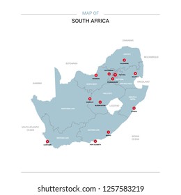 South Africa vector map. Editable template with regions, cities, red pins and blue surface on white background. 