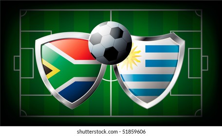 South Africa versus Uruguay abstract vector illustration isolated on white background. Soccer match in South Africa 2010. Shiny football shield of flag South Africa versus Uruguay