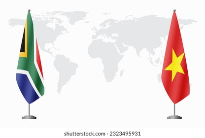 South Africa and Vietnam flags for official meeting against background of world map.