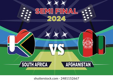 
Concepto de partido de críquet semifinal de Sudáfrica vs Afganistán. con banderas rivales de Equipos y guantes aisladas en Cricket.with archivo EPS editable. SA VS AFG.
