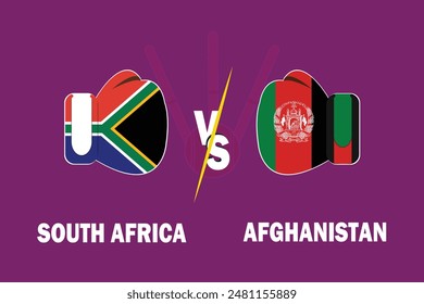 Concepto de partido de críquet semifinal de Sudáfrica vs Afganistán. con banderas rivales de Equipos y guantes aislados sobre fondo púrpura. con archivo EPS editable.
SA VS AFG