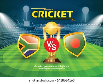 South Africa vs Bangladesh  Cricket Championship banner with winning golden trophy and stadium background