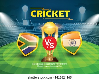 South Africa vs india Cricket Championship banner with winning golden trophy and stadium background