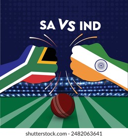 South Africa vs India Match , India vs South Africa cricket match ,Cricket match concept with creative illustration of participants clashing style hands on stadium
