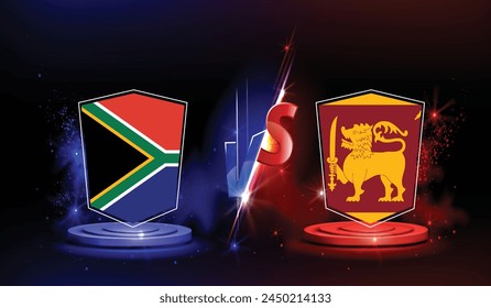 Partido Internacional de Críquet Sudáfrica vs Sri Lanka. Banderas rivales de ambos Equipos con escudos de insignia. Archivo de Vector EPS