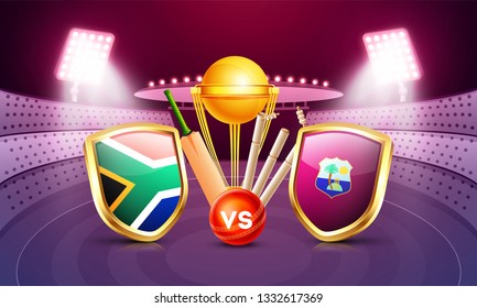 South Africa vs West indies cricket match poster design with countries flag shields, champion trophy, cricket bat and ball on night stadium view background. 