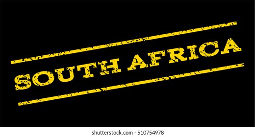 South Africa watermark stamp. Text tag between parallel lines with grunge design style. Rubber seal stamp with unclean texture. Vector yellow color ink imprint on a blue background.