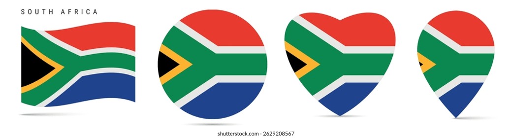 Bandeira de onda da África do Sul, distintivo de adesivo círculo redondo, ícone em forma de coração, pino do mapa. Botões de sinalizador RSA de diferentes formas. Ilustração vetorial isolada em branco.