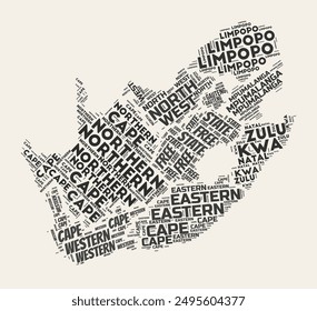 South Africa Word Cloud. Country with regions division. South Africa typographic text clouds vector image design. Vintage gazette style country shape image. Beautiful vector illustration.