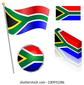 South African Flag On A Pole, Badge And Isometric Designs Vector Illustration. 